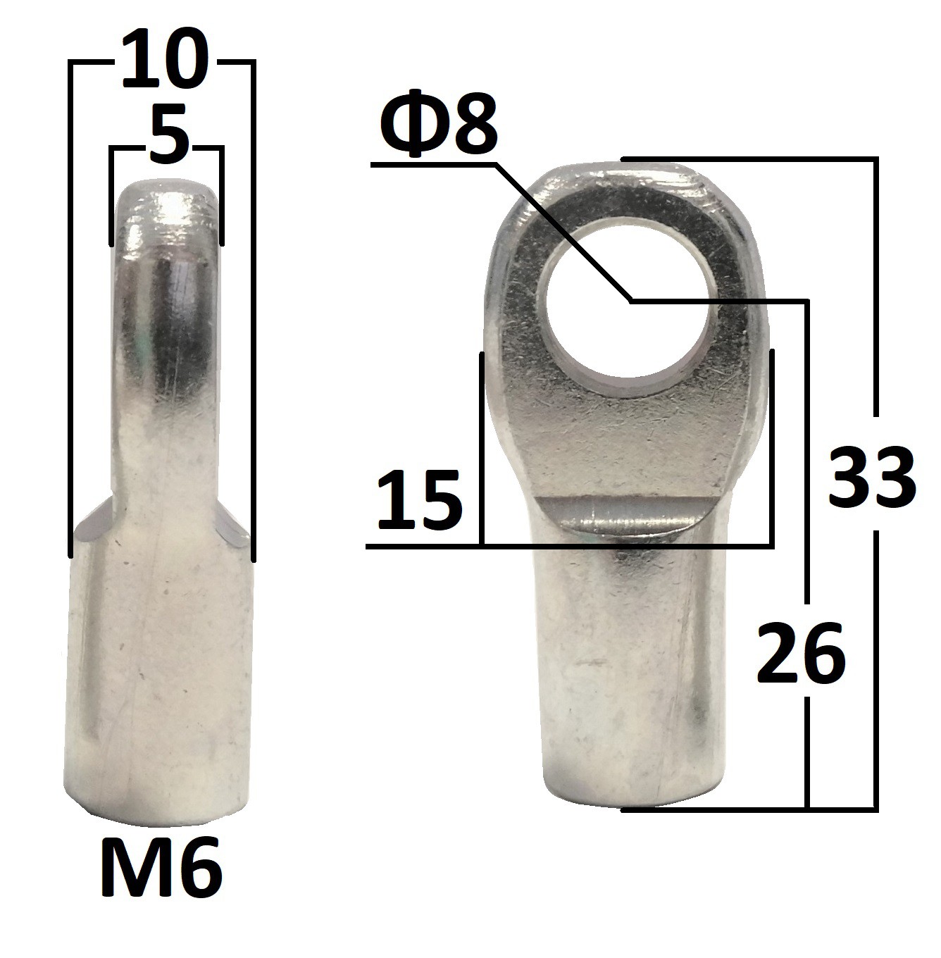 Przegub oczkowy otwór o średnicy 8mm gwint M6 długość 26mm grubość 5mm