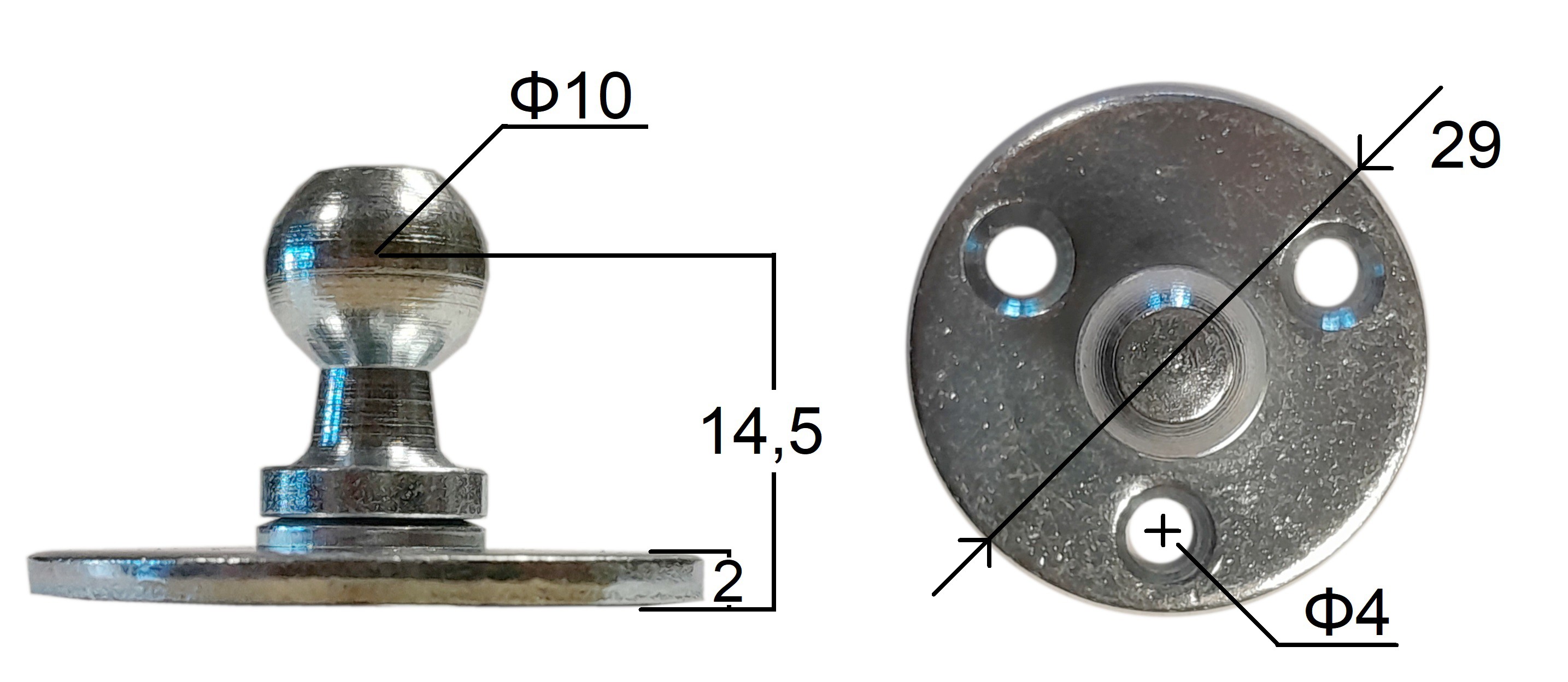 Wspornik płaski okrągły ze sworzniem kulowym o średnicy 10mm średnica podstawy 29mm