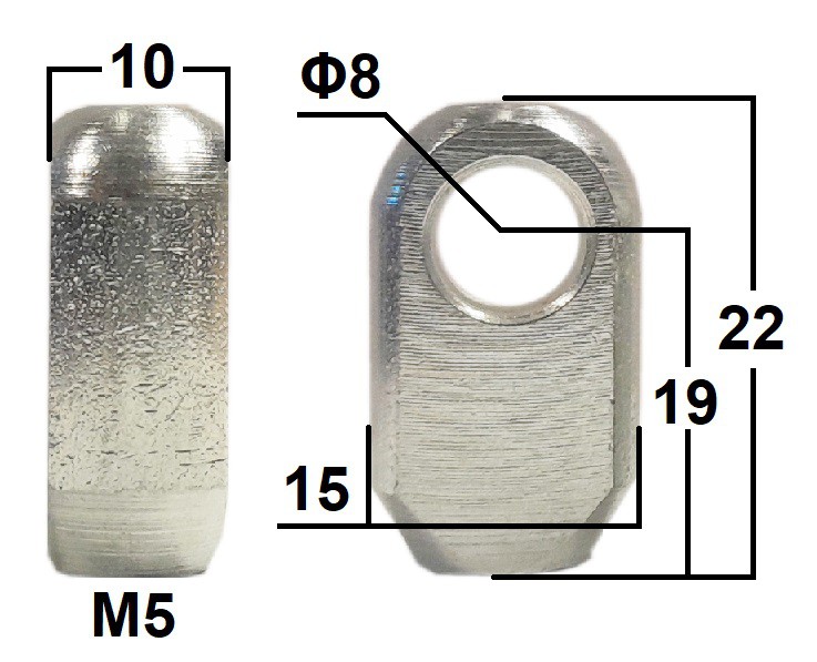 Przegub oczkowy otwór o średnicy 8mm gwint M5 długość 19mm grubość 10mm