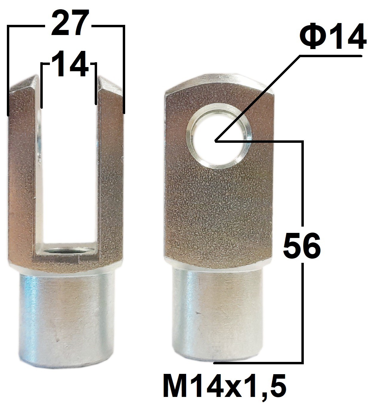 Przegub widełkowy otwór o średnicy 14mm gwint M14x1,5 długość 56mm (HAHNGA56)