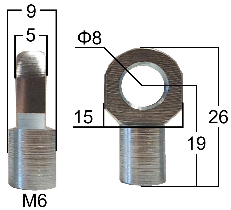 Przegub oczkowy otwór o średnicy 8mm gwint M6 długość 19mm grubość 5mm (EY306)