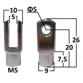 Przegub widełkowy otwór o średnicy 5mm gwint M5 długość 20mm