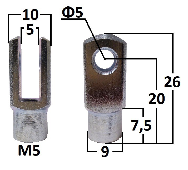 Przegub widełkowy otwór o średnicy 5mm gwint M5 długość 20mm (CV103)