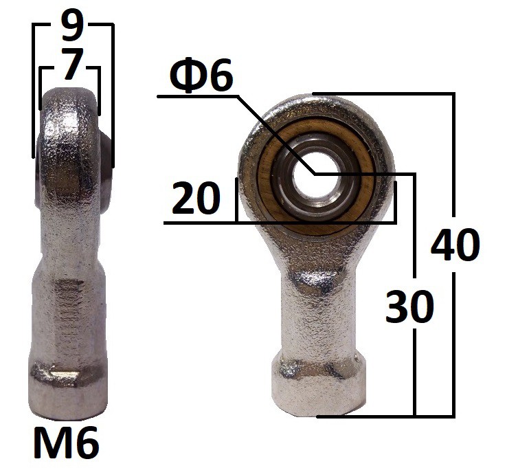 Przegub oczkowy wahliwy otwór o średnicy 6mm gwint M6 długość 30mm (TDNDG002P)