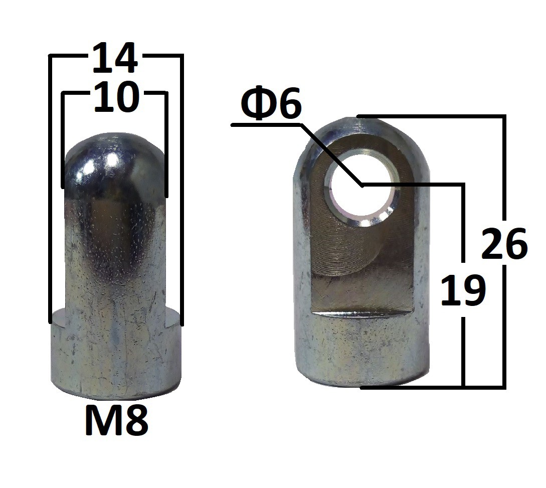 Przegub oczkowy otwór o średnicy 6mm gwint M8 długość 19mm grubość 10mm (AU196)