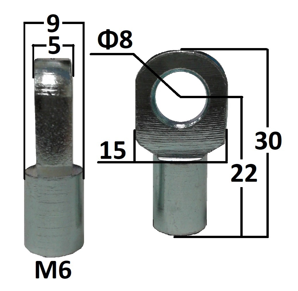 Przegub oczkowy otwór o średnicy 8mm gwint M6 długość 22mm grubość 5mm EY307