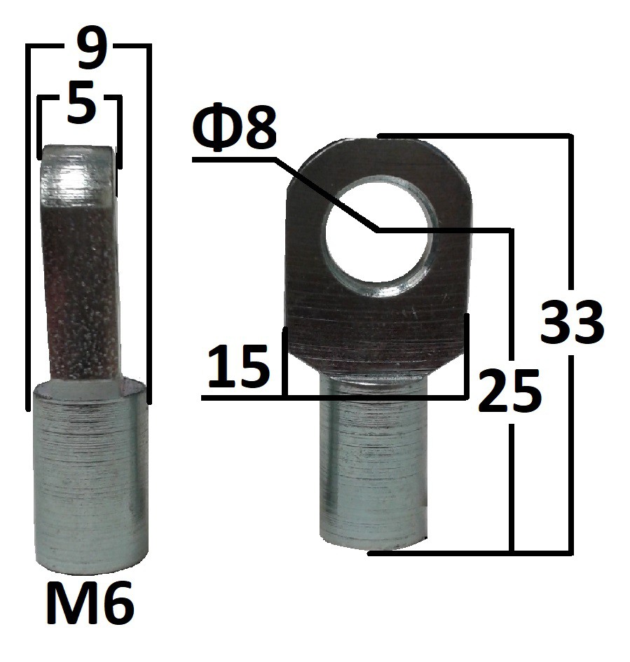 Przegub oczkowy otwór o średnicy 8mm gwint M6 długość 25mm grubość 5mm EY309